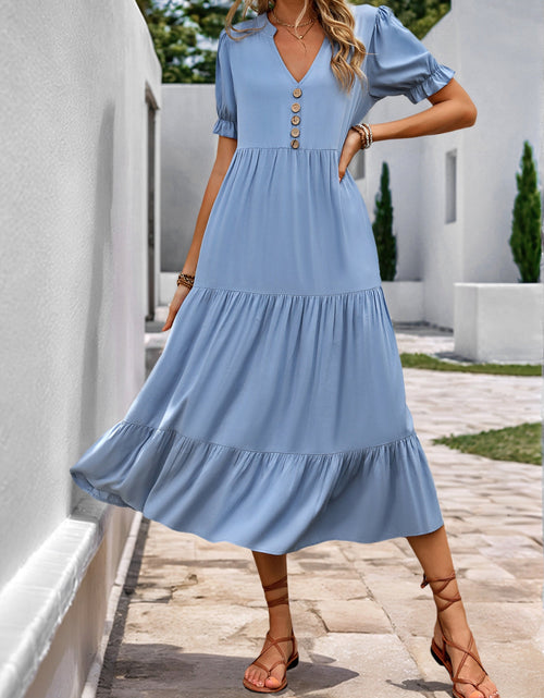 Load image into Gallery viewer, Notched Short Sleeve Tiered Midi Dress
