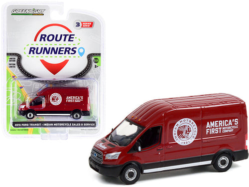 Load image into Gallery viewer, 2015 Ford Transit LWB High Roof Van Burgundy "Indian Motorcycle Sales &amp; Service" "Route Runners" Series 3 1/64 Diecast Model by Greenlight
