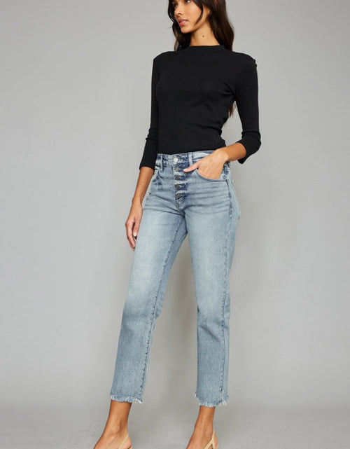 Load image into Gallery viewer, Kancan High Waist Button Fly Raw Hem Cropped Straight Jeans
