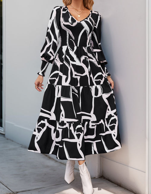 Load image into Gallery viewer, Perfee Smocked Printed Long Sleeve Midi Dress
