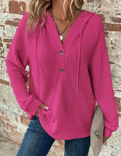 Load image into Gallery viewer, Waffle Knit Long Sleeve Drawstring Hooded Top
