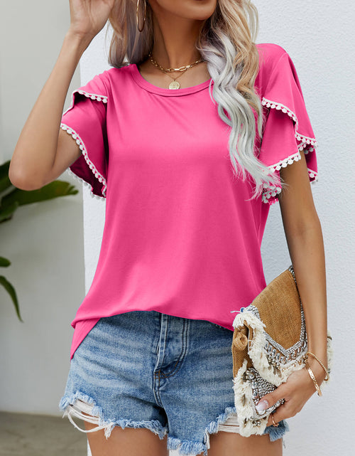 Load image into Gallery viewer, Pom-Pom Trim Flutter Sleeve Round Neck Tee

