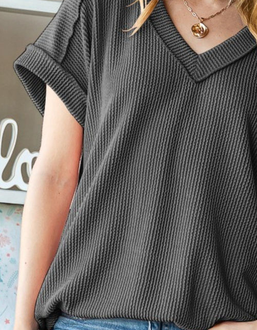 Load image into Gallery viewer, Heimish Full Size Exposed Seam Short Sleeve Ribbed Top
