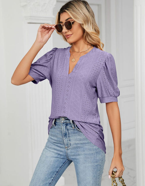 Load image into Gallery viewer, Florira Eyelet Notched Short Sleeve T-Shirt
