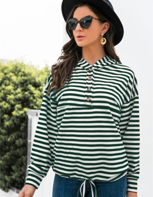Load image into Gallery viewer, Striped Half-Button Dropped Shoulder Hoodie
