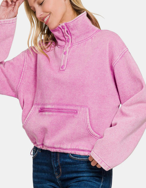 Load image into Gallery viewer, Zenana Acid Wash Fleece Half Snap Sweatshirt with Pocket
