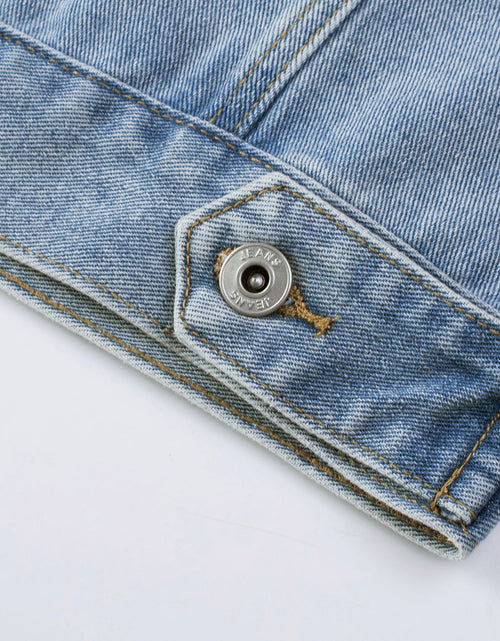 Load image into Gallery viewer, Sequin Fringe Trim Distressed Button Up Denim Jacket
