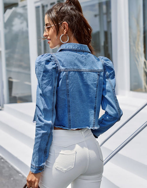 Load image into Gallery viewer, Button Down Raw Hem Cropped Denim Jacket
