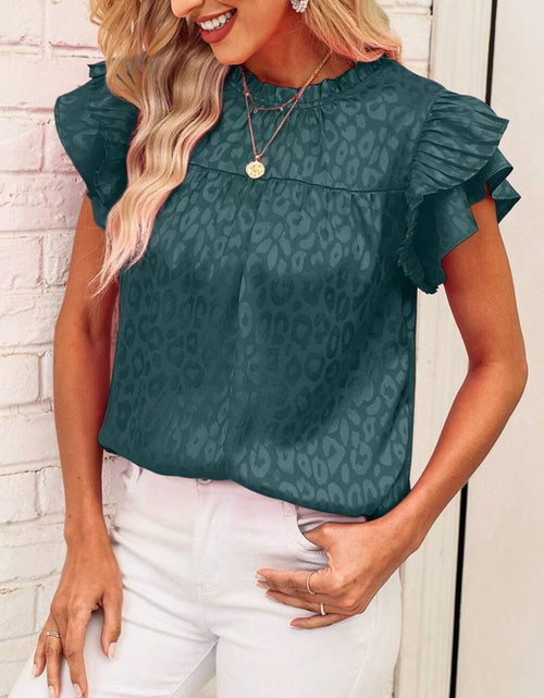 Load image into Gallery viewer, Leopard Frill Mock Neck Ruffled Cap Sleeve Top
