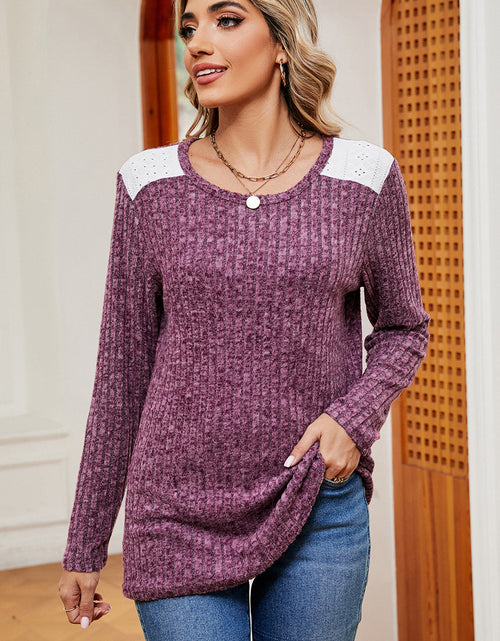 Load image into Gallery viewer, Eyelet Ribbed Round Neck Long Sleeve T-Shirt
