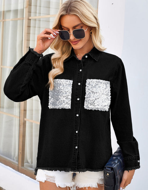Load image into Gallery viewer, Raw Hem Button Up Long Sleeve Denim Jacket with Sequin Pockets
