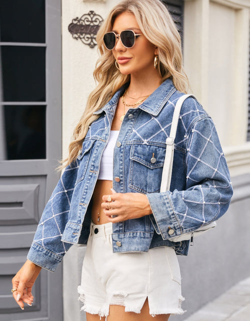 Load image into Gallery viewer, Pearl Trim Long Sleeve Denim Jacket
