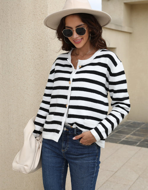 Load image into Gallery viewer, Angel Wings Striped Round Neck Button-Down Dropped Shoulder Cardigan
