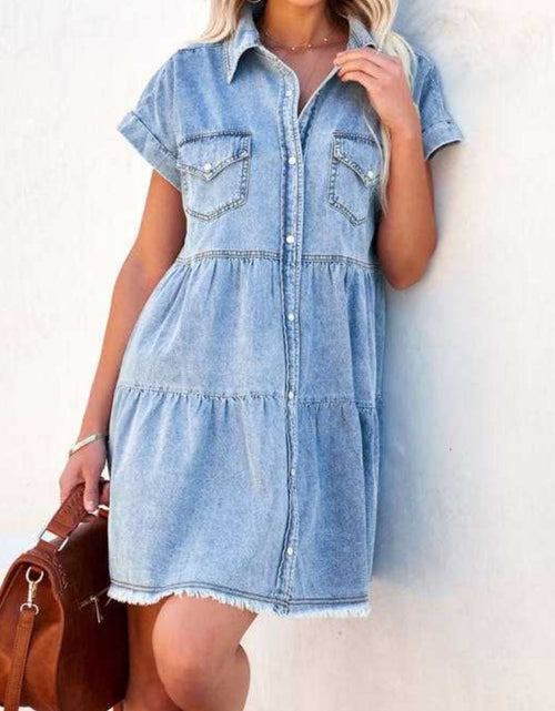 Load image into Gallery viewer, Raw Hem Short Sleeve Denim Dress
