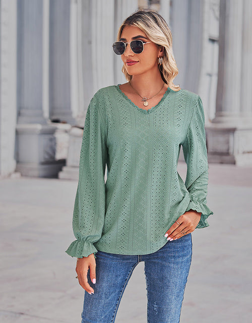 Load image into Gallery viewer, Eyelet V-Neck Flounce Sleeve Blouse
