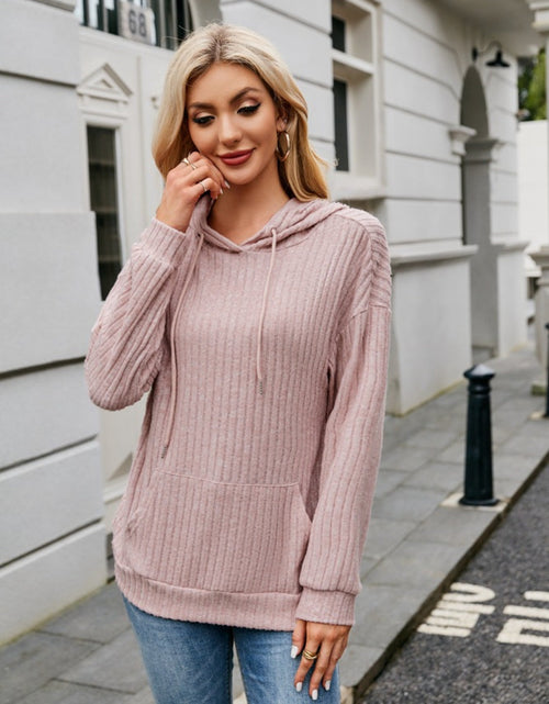 Load image into Gallery viewer, Ribbed Drawstring Long Sleeve Hoodie
