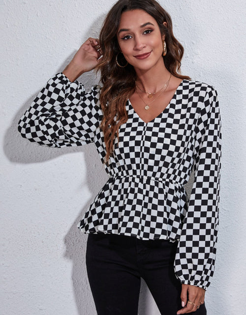 Load image into Gallery viewer, Checkered V-Neck Balloon Sleeve Peplum Blouse
