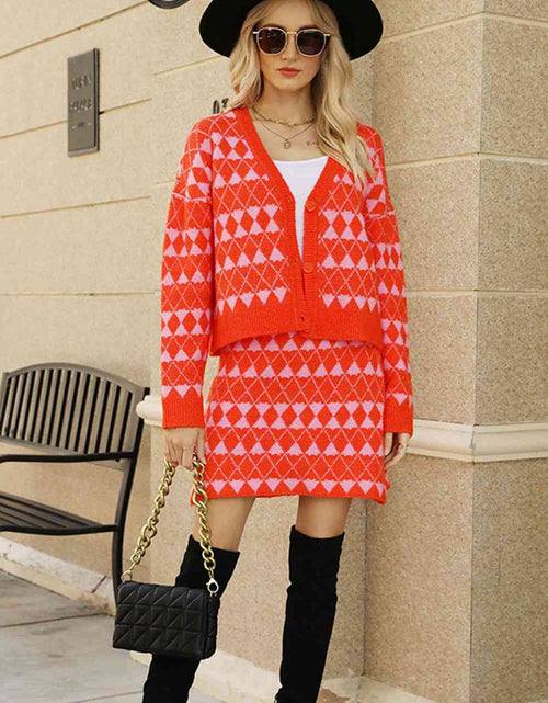 Load image into Gallery viewer, Geometric Dropped Shoulder Cardigan and Knit Skirt Set
