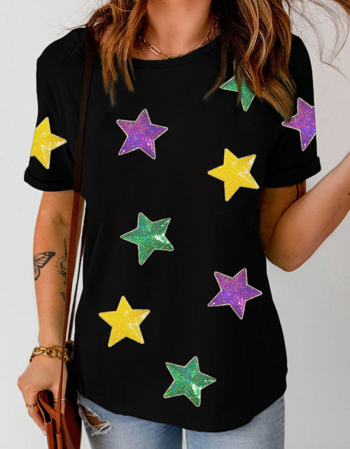 Load image into Gallery viewer, Sequin Stars Patched Round Neck T-Shirt
