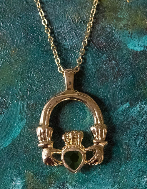 Load image into Gallery viewer, Vintage Claddagh Necklace Austrian Heart Crystal 18k Yellow Gold Electroplated Made in the USA by PVD Vintage Jewelry
