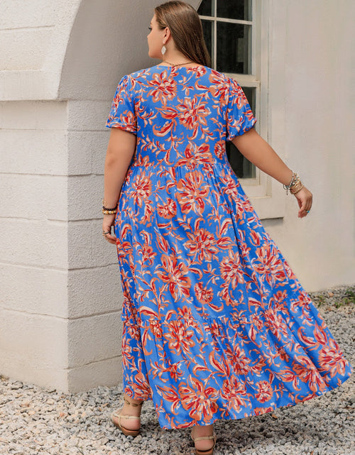 Load image into Gallery viewer, Plus Size Ruffled Printed V-Neck Short Sleeve Maxi Dress
