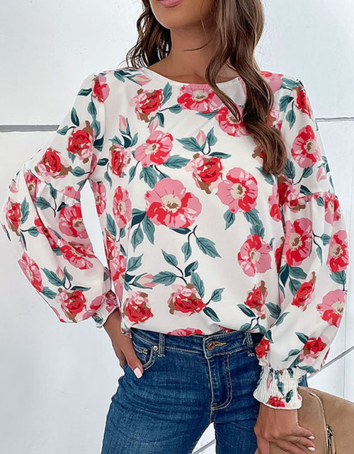Load image into Gallery viewer, Perfee Floral Long Puff Sleeve Round Neck Blouse
