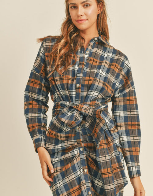 Load image into Gallery viewer, Mable Plaid Flannel Front Tie Button Down Shirt Dress
