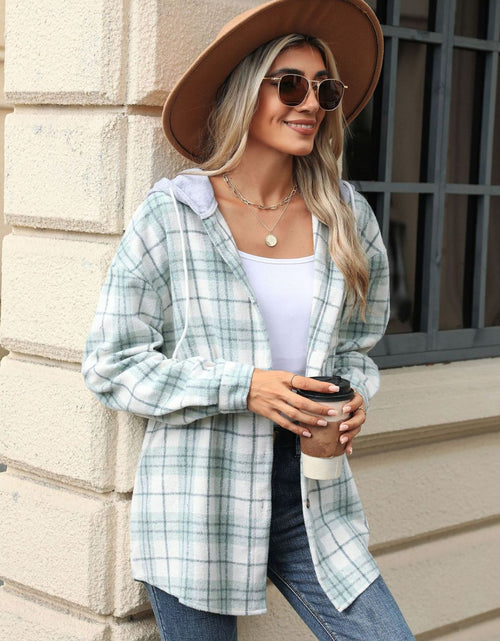 Load image into Gallery viewer, Drawstring Plaid Button Up Hooded Jacket
