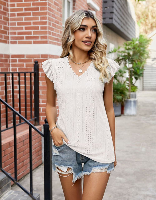 Load image into Gallery viewer, Eyelet Flutter Sleeve Scalloped V-Neck Top
