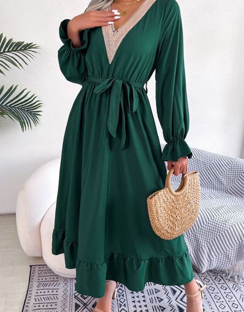 Load image into Gallery viewer, Contrast Belted Flounce Sleeve Dress
