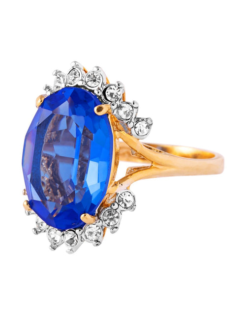 Load image into Gallery viewer, Vintage 1970's Ring Ruby and Clear Austrian Crystals 18k Yellow Gold Plated Band Made in USA by PVD Vintage Jewelry
