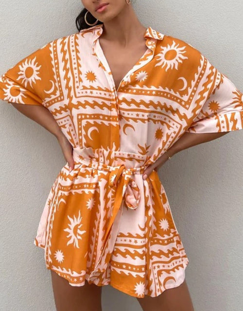 Load image into Gallery viewer, Printed Tie Waist Half Sleeve Romper
