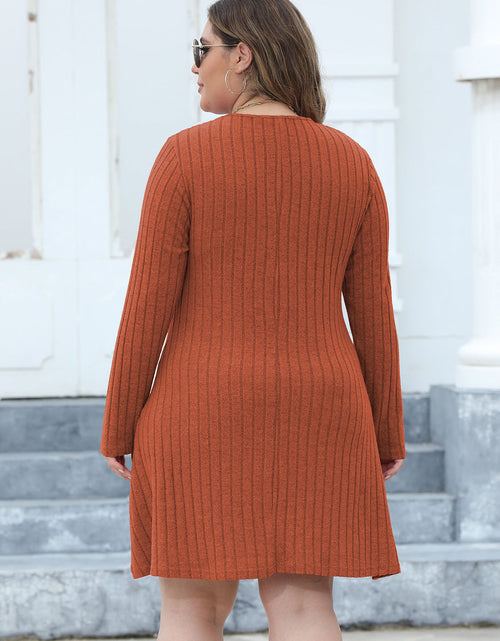 Load image into Gallery viewer, Plus Size Ribbed Buttoned V-Neck Long Sleeve Dress

