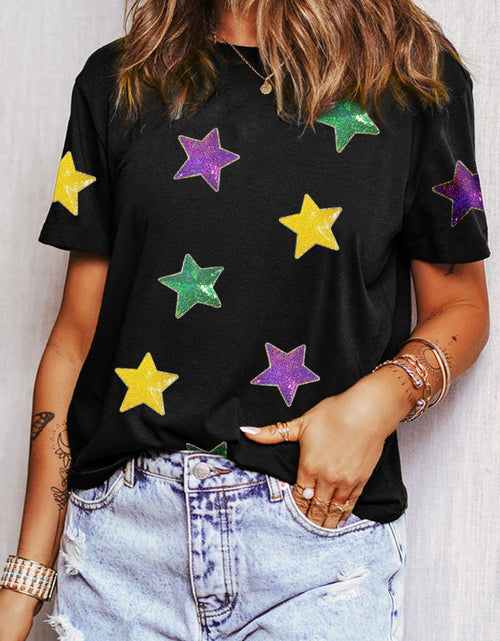 Load image into Gallery viewer, Sequin Stars Patched Round Neck T-Shirt
