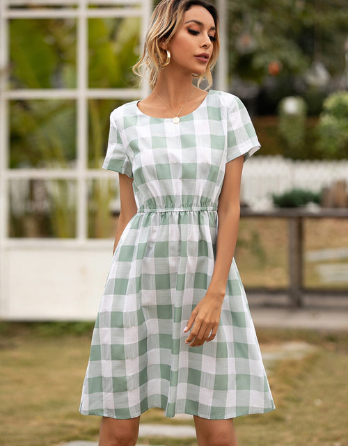 Load image into Gallery viewer, Ivy Lane Smocked Plaid Round Neck Short Sleeve Dress
