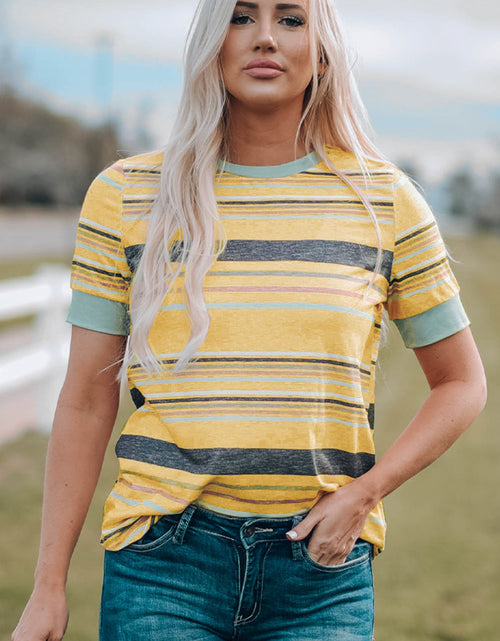 Load image into Gallery viewer, Multicolored Striped Round Neck Tee Shirt
