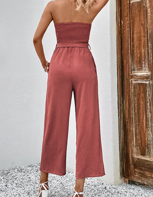 Load image into Gallery viewer, Perfee Decorative Button Strapless Smocked Jumpsuit with Pockets
