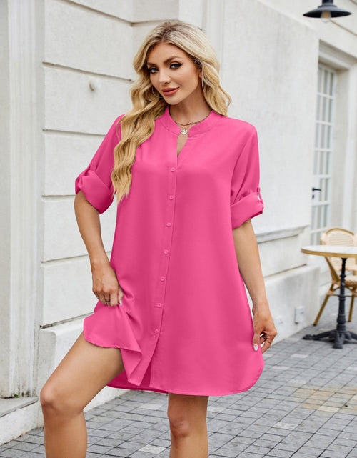Load image into Gallery viewer, Notched Long Sleeve Mini Shirt Dress
