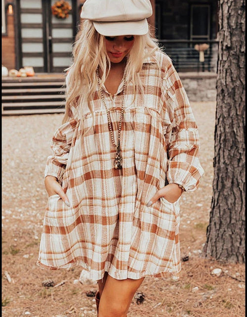 Load image into Gallery viewer, Plaid Collared Neck Long Sleeve Mini Shirt Dress
