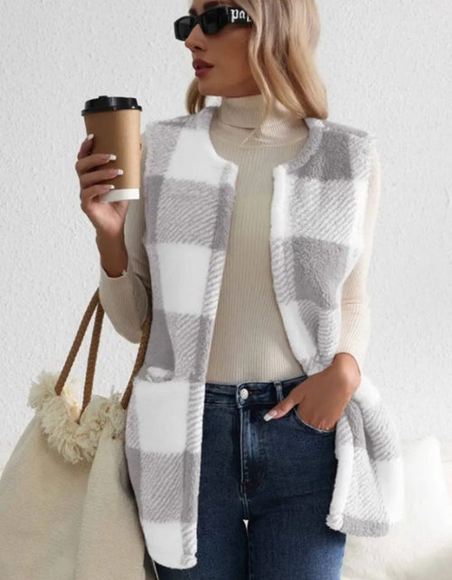 Load image into Gallery viewer, Sherpa Plaid Open Front Vest Coat
