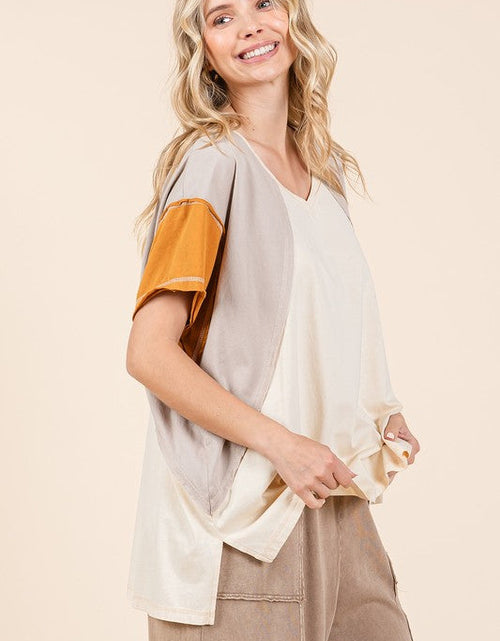Load image into Gallery viewer, Mittoshop Color Block V-Neck Short Sleeve T-Shirt
