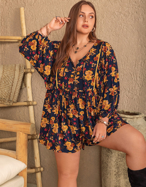 Load image into Gallery viewer, Plus Size Floral Tie Neck Balloon Sleeve Romper
