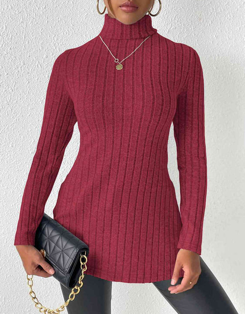 Load image into Gallery viewer, Ribbed Turtleneck Long Sleeve Slit T-Shirt

