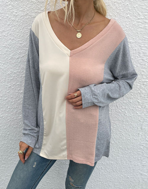 Load image into Gallery viewer, Shiny Color Block V-Neck Long Sleeve Blouse
