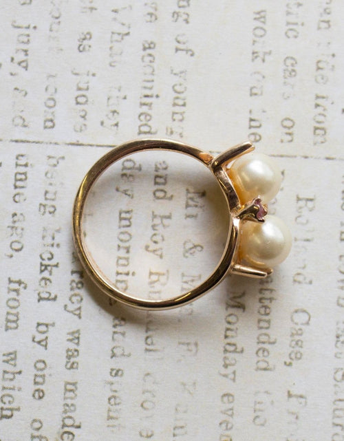 Load image into Gallery viewer, Vintage Pearl Beads with Genuine Ruby Accents 18k Gold Electroplated Ring Made in USA by PVD Vintage Jewelry
