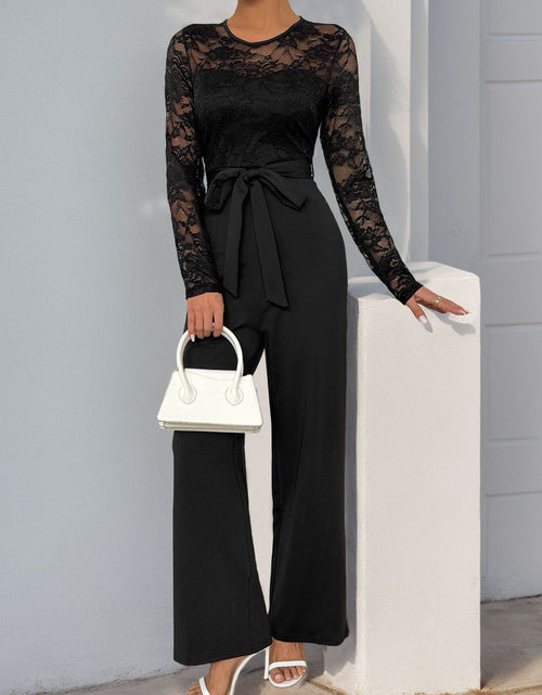 Load image into Gallery viewer, Perfee Lace Round Neck Long Sleeve Jumpsuit
