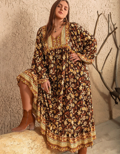 Load image into Gallery viewer, Plus Size Printed V-Neck Balloon Sleeve Dress
