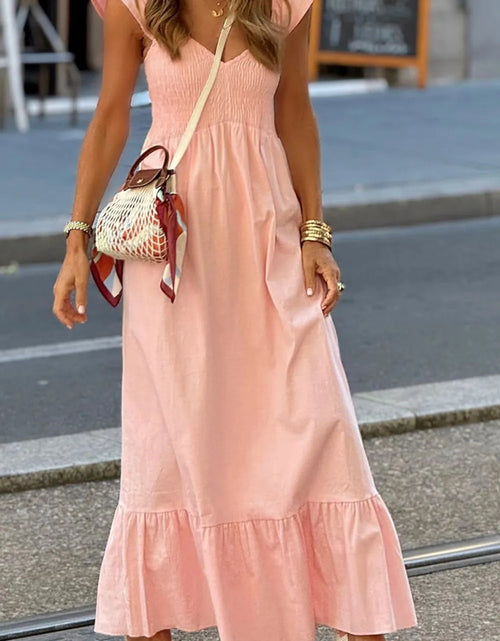 Load image into Gallery viewer, V Neck Ruffled Cap Sleeve Smocked Maxi Dress

