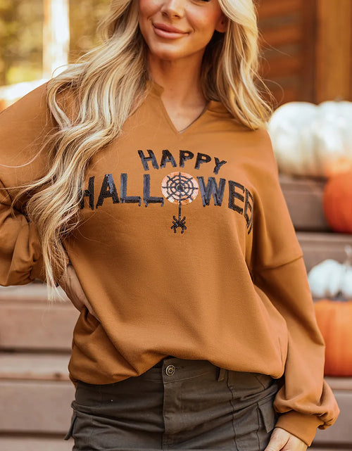 Load image into Gallery viewer, Sequin Letter Graphic Notched Long Sleeve Sweatshirt
