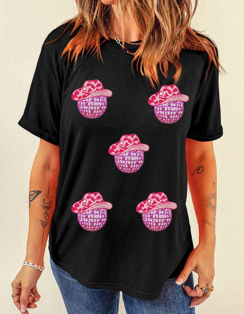 Load image into Gallery viewer, Cowboy Hat Disco Ball Patched Round Neck T-Shirt
